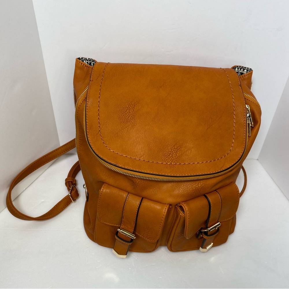 NWT Madison West Tan Leather Covertible Backpack Purse Carry on Faux Leather - Picture 2 of 10